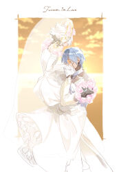 .hack// .hack//g.u. 2boys alternate_costume blue_hair border bouquet closed_eyes commentary_request crossdressing dark-skinned_male dark_skin dress elbow_gloves embarrassed facial_tattoo flower formal_clothes gloves groom hand_up haseo_(.hack//) highres husband_and_husband lifting_person maishi male_focus multiple_boys open_mouth orange-tinted_eyewear orange_sky outdoors ovan_(.hack//) pink_flower pink_rose rose short_hair sky suit sunset surprised tattoo tinted_eyewear tuxedo veil wedding_dress white_dress white_gloves white_hair white_suit yaoi