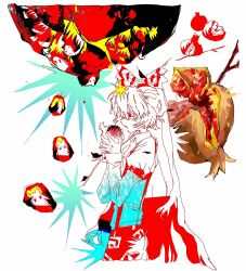 Rule 34 | 1girl, absurdres, bow, chinese commentary, commentary request, cropped legs, food, from side, fruit, fujiwara no mokou, hair bow, highres, holding, holding food, holding fruit, long hair, long sleeves, open mouth, partially colored, pomegranate, seed, sleeve belt, suspenders, touhou, very long hair, xiboliya suanxing shengwu