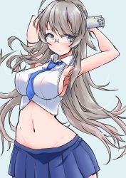 1girl bad_anatomy bad_arm bespectacled blue_background blue_necktie blue_skirt blush breasts collared_shirt cowboy_shot glasses grey_eyes headgear highres kantai_collection komb large_breasts long_hair navel necktie pleated_skirt shirt sideboob silver_hair simple_background skirt sleeveless sleeveless_shirt solo washington_(kancolle) white_shirt