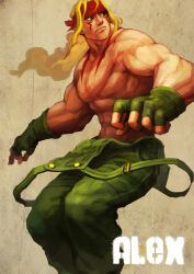 Rule 34 | 1boy, alex (street fighter), blonde hair, blue eyes, character name, commentary, fingerless gloves, gloves, green gloves, headband, karee, long hair, muscular, red headband, solo, street fighter, street fighter iii (series), topless male
