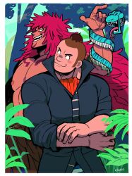 2boys :3 :d affectionate ascot bara blanko! blush_stickers calgara coat cowboy_shot dark-skinned_male dark_skin eye_contact facial_hair forest goatee grass highres long_hair looking_at_another looking_back male_focus mature_male medium_sideburns montblanc_noland multiple_boys nature nipples one_piece open_mouth pectorals profile red_hair rolling_sleeves_up sideburns_stubble sideways_glance smile snake stubble tattoo thick_eyebrows tribal tribal_tattoo upper_body very_long_hair