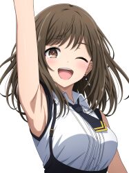 Rule 34 | 1girl, :d, ;d, arm up, armpits, bang dream!, bang dream! it&#039;s mygo!!!!!, black necktie, breasts, brown eyes, brown hair, collared shirt, commentary request, dress shirt, earrings, highres, jewelry, long hair, medium breasts, necktie, noshimurin, one eye closed, open mouth, partial commentary, shirt, simple background, sleeveless, sleeveless shirt, smile, solo, sumita mana, teeth, upper teeth only, white background, white shirt