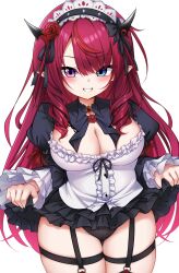 1girl absurdres black_headdress black_panties blue_eyes blunt_bangs breasts chest_bow cleavage clothes_lift frills heterochromia highres hololive hololive_english horns irys_(hololive) irys_(maid)_(hololive) jan_azure long_hair long_sleeves looking_at_viewer maid multicolored_hair official_alternate_costume official_alternate_hairstyle panties pointy_ears puffy_sleeves purple_eyes red_hair skirt skirt_lift smile solo streaked_hair thigh_strap thighs underwear virtual_youtuber