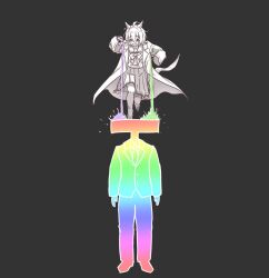 1boy 1girl agnes_tachyon_(umamusume) animal_ears arms_at_sides business_suit coat formal_clothes full_body grey_background hair_between_eyes hawawa_(hawawauma) highres holding holding_test_tube horse_ears horse_girl horse_tail jacket jumping lab_coat long_sleeves looking_at_another necktie open_clothes open_coat open_mouth pants pouring pouring_onto_another school_uniform shirt simple_background skirt sleeves_past_fingers sleeves_past_wrists smile suit suit_jacket t-head_trainer_(umamusume) tail test_tube thighhighs tracen_school_uniform trainer_(umamusume) umamusume