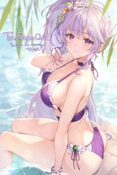 1girl absurdres alternate_costume ass bikini bracelet breasts commission commissioner_upload fire_emblem fire_emblem:_genealogy_of_the_holy_war flower hair_flower hair_ornament highres ishtar_(fire_emblem) jewelry nintendo non-web_source panties ponytail purple_bikini purple_eyes purple_hair shanabi0610 side-tie_bikini_bottom side-tie_panties side_ponytail swimsuit underwear watermark wedgie