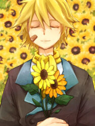 1boy bandaid bandaid_on_face blazer blonde_hair closed_eyes death flower jacket kakusankibou kanemoto_seita kanyatto07 school_uniform short_hair smile solo spoilers sunflower