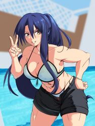 1girl abs bikini blue_bikini blue_hair breasts cleavage commentary commission double-parted_bangs eiyuu_densetsu english_commentary ghosthetoast2 grin hair_between_eyes hand_on_own_hip highres large_breasts laura_s._arseid leaning_forward long_hair long_sidelocks looking_at_viewer muscular muscular_female navel partially_shaded_face ponytail sen_no_kiseki_(series) shorts sidelocks smile solo swimsuit v yellow_eyes
