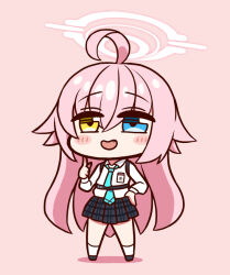 1girl :d ahoge aqua_necktie black_shoes black_skirt blue_archive blue_eyes blush chest_harness chibi collared_shirt commentary_request fang full_body hair_between_eyes halo hand_on_own_hip harness hoshino_(blue_archive) long_hair necktie open_mouth pink_background pink_hair pink_halo pink_theme pleated_skirt shirt shoes skirt smile socks solo standing very_long_hair white_shirt white_socks yellow_eyes yobi_(yobiyobi4)