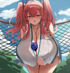 1girl azur_lane between_breasts blush bottle_between_breasts breasts bremerton_(azur_lane) chain-link_fence cleavage fence hair_ornament hairclip hth5k huge_breasts jewelry leaning_forward necklace open_mouth outdoors pink_eyes pink_hair sky sleeveless solo standing twintails x_hair_ornament