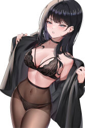 1girl ahoge black_bra black_choker black_hair black_jacket black_nails black_panties blue_eyes blush bra breasts choker cleavage covered_navel ear_piercing earrings hair_between_eyes hair_over_shoulder highres jacket jewelry large_breasts long_hair looking_at_viewer mole mole_under_eye multiple_earrings nabi_(wonnikon) nail_polish original panties pantyhose parted_lips piercing removing_jacket simple_background solo thighs twitter_username underwear undressing white_background wonnikon