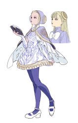 1girl anklet bangs_pinned_back blonde_hair book bow bowtie bridal_gauntlets capcom_fighting_jam cape capelet commentary cropped_torso dress elbow_gloves full_body gloves guimpe hairpods hand_up highres holding holding_book ingrid_(capcom) jewelry long_hair looking_up mary_janes multiple_views nobita_(makoto7060355) open_book pantyhose parted_lips purple_capelet purple_pantyhose purple_shirt red_eyes shirt shoes simple_background standing street_fighter street_fighter_6 white_background white_bow white_cape white_dress white_gloves white_shoes wimple