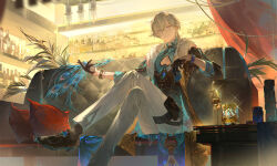 1boy absurdres aventurine_(honkai:_star_rail) black_coat black_footwear black_gloves blonde_hair blue_shirt bottle bracelet card chunbuchou cleavage_cutout clothing_cutout coat couch crossed_bangs crossed_legs cup curtains cushion dice drinking_glass foot_out_of_frame fur-trimmed_coat fur_trim glint gloves highres holding holding_card holding_dice honkai:_star_rail honkai_(series) indoors jewelry male_focus on_couch open_clothes open_coat pink_eyes plant poker_chip pouch scenery second-party_source shelf shirt short_hair sitting smile solo spade_cutout thigh_pouch wine_glass
