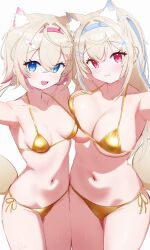 Rule 34 | 2girls, :3, :d, absurdres, alternate costume, animal ear fluff, animal ears, asymmetrical docking, bandaid, bandaid hair ornament, bikini, blonde hair, blue eyes, blue hair, blue hairband, breast press, breasts, cleavage, closed mouth, commentary, crossed bangs, daf (daf 4), dog ears, dog girl, dog tail, double-parted bangs, english commentary, extra ears, fuwawa abyssgard, gold bikini, golden week, hair between eyes, hair intakes, hair ornament, hairband, hairclip, halterneck, highres, hololive, hololive english, horn hairband, large breasts, long hair, looking at viewer, mococo abyssgard, multicolored hair, multiple girls, navel, open mouth, pink eyes, pink hair, pink hairband, reaching, reaching towards viewer, short hair, siblings, side-tie bikini bottom, simple background, sisters, small breasts, smile, stomach, streaked hair, string bikini, swimsuit, tail, twins, two side up, virtual youtuber, white background, x hair ornament