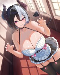 Rule 34 | 1girl, absurdres, apron, bare arms, bare shoulders, black choker, black dress, black hair, black thighhighs, braid, breasts, choker, claw pose, cleavage, closed mouth, commission, demon horns, demon tail, dress, dutch angle, euphemie, folma, frilled apron, frilled dress, frills, garter straps, hair between eyes, hallway, halterneck, hands up, highres, horns, indie virtual youtuber, indoors, large breasts, looking at viewer, multicolored hair, red eyes, short dress, short hair, skeb commission, smile, solo, spaghetti strap, split-color hair, standing, tail, thighhighs, two-tone hair, virtual youtuber, white hair, zettai ryouiki