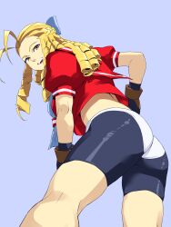 1girl antenna_hair ass blonde_hair commentary coveredcore drill_hair from_below gloves highres kanzuki_karin long_hair looking_at_viewer looking_back red_shirt shirt simple_background smile solo street_fighter thighs yellow_eyes