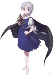Rule 34 | 1girl, bare legs, barefoot, bitan san, black cape, black ribbon, black skirt, black vest, cape, collared shirt, cross, doll, full body, grey eyes, grey hair, holding, holding cross, holding doll, muse (seihou), neck ribbon, puffy short sleeves, puffy sleeves, ribbon, seihou, shirt, short hair, short sleeves, simple background, skirt, solo, standing, vest, voodoo doll, white background, white shirt
