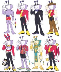 2boys alternate_costume ancient_egyptian_clothes animal_ears ant_tenna ant_tenna_(shootout) belt belt_buckle black_hair black_jacket black_pants black_shoes black_shorts black_vest blue_belt blue_bow blue_bowtie bow bowtie briefs brown_hat buckle chaps clenched_hand commentary counting_money cowboy_hat crt deltarune drawstring electric_plug electric_plug_tail english_commentary eyewear_hang fake_animal_ears full_body gloves hat high_heels highres holding holding_money humanoid_robot jacket m516 male_focus male_playboy_bunny male_underwear money multiple_boys necktie object_head pants pointy_nose print_shirt rabbit_ears rabbit_tail red_shirt reference_sheet robot sandals shirt shoes shorts size_difference spamton_g._spamton striped_hat sunglasses tail tailcoat tucked_money underwear unworn_eyewear vest white_gloves white_pants yellow_gloves yellow_necktie yellow_shirt yellow_shoes