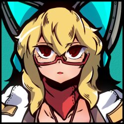 1girl animal_ear_headphones animal_ears bandana blonde_hair blue_background cat_ear_headphones commentary_request expressionless fake_animal_ears glasses hair_between_eyes headphones long_hair looking_at_viewer lowres mechanic_(ragnarok_online) open_mouth portrait ragnarok_iris ragnarok_online red-framed_eyewear red_bandana red_eyes shirt solo upper_body white_shirt