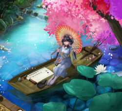 1girl absurdres black_hair boat calligraphy_brush cherry_blossoms commentary_request dress flower food-themed_hair_ornament food_print fruit_print futao_ping_(wuhua_mixin) hair_ornament highres holding holding_calligraphy_brush holding_paintbrush lotus lotus_leaf oil-paper_umbrella paintbrush paper peach_hair_ornament peach_print red_eyes river short_hair sitting smile solo tree umbrella water watercraft wide_sleeves wuhua_mixin yi_ke_bo_he_tang