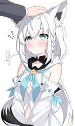 1boy 1girl ? ?? animal_ear_fluff animal_ears aqua_eyes blush braid breasts clothing_cutout commentary_request detached_sleeves drawstring fox_ears fox_girl fox_tail headpat highres hololive hood hood_down hoodie johnny_0716 long_hair looking_at_another navel navel_cutout own_hands_together ribbon-trimmed_sleeves ribbon_trim shirakami_fubuki shirakami_fubuki_(1st_costume) sidelocks simple_background single_braid small_breasts solo_focus tail translation_request v_arms very_long_hair virtual_youtuber white_background white_hair white_hoodie white_sleeves