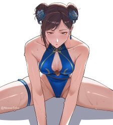 1girl absurdres bare_arms bare_shoulders blue_flower blue_one-piece_swimsuit breasts brown_eyes brown_hair bun_with_braided_base capcom chun-li cleavage closed_mouth clothing_cutout commentary double_bun earrings flower gold_trim groin hair_bun hair_flower hair_ornament highleg highleg_one-piece_swimsuit highres jewelry lips looking_at_viewer medium_breasts nevee official_alternate_costume one-piece_swimsuit parted_bangs short_hair simple_background sitting solo spread_legs straight-on street_fighter street_fighter_6 swimsuit thigh_strap wet white_background