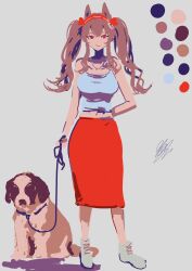 1girl 360_(taiyo360) absurdres alternate_costume angelina_(arknights) animal_ears arknights arm_behind_back bare_shoulders breasts brown_hair color_guide dog fox_ears fox_girl full_body grey_background hairband highres holding holding_leash jewelry leash long_hair long_skirt looking_at_viewer medium_breasts midriff navel necklace red_eyes red_hairband red_skirt shirt shoes simple_background sketch skirt smile solo standing striped_clothes striped_hairband twintails white_shirt white_shoes