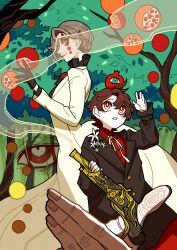 2girls absurdres brown_coat brown_hair coat grapefruit gun highres momomo_906 multiple_girls orange_eyes original outdoors red_eyes short_hair smoke tree weapon