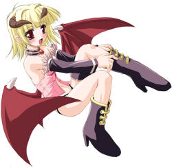 1girl 2000s_(style) :d adjusting_footwear alternate_hair_length alternate_hairstyle aozora_remina babydoll bad_id black_boots black_choker black_panties black_sleeves blonde_hair blunt_bangs blush boots breasts brown_horns choker commentary_request dated_commentary demon_girl demon_horns demon_wings detached_sleeves frilled_choker frilled_thigh_strap frills fur-trimmed_sleeves fur_trim horns looking_at_viewer medium_breasts open_mouth panties pink_babydoll pointy_ears ragnarok_online red_brooch red_eyes red_wings short_hair simple_background smile solo succubus_(ragnarok_online) thigh_strap underwear white_background wings