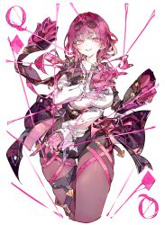 1girl absurdres black_jacket black_shorts breasts cocoballking collared_shirt cropped_legs eyewear_on_head glasses gloves high-waist_shorts highres honkai:_star_rail honkai_(series) jacket kafka_(honkai:_star_rail) large_breasts long_hair long_sleeves looking_at_viewer pantyhose pince-nez purple_eyes purple_gloves purple_hair purple_thighhighs queen_(playing_card) shirt shirt_tucked_in shorts skindentation smile solo string sunglasses thigh_gap thighhighs white_shirt