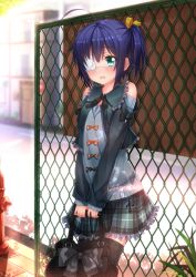 10s 1girl ahoge alternate_costume bag black_thighhighs blue_hair blush bow breasts chain-link_fence chuunibyou_demo_koi_ga_shitai! collarbone commentary_request cross eyepatch female_focus fence fire_hydrant green_eyes highres plaid_clothes plaid_skirt short_hair side_ponytail skirt small_breasts solo swordsouls takanashi_rikka thighhighs unmoving_pattern zettai_ryouiki