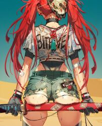 1girl arms_at_sides ass bandaid bandaid_on_arm black_thighhighs blue_shorts clothes_writing collar cowboy_shot crop_top day denim denim_shorts desert ear_piercing english_text facing_away fox_mask from_behind gloves grey_gloves highres holding holding_sword holding_weapon horizon katana leotard leotard_under_clothes long_hair mask mask_on_head original outdoors piercing print_shirt red_hair ribbon_trim shirt short_shorts short_sleeves shorts skindentation solo song_name soono_(rlagpfl) sweat sword t-shirt tagme tassel thighhighs torn_clothes torn_shorts twintails weapon