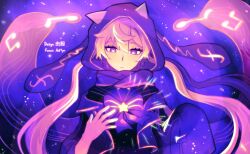 1girl animal_hood anmyu artist_name asymmetrical_sleeves black_sailor_collar black_shirt borrowed_design bow bowtie bright_pupils brooch cat_hood chinese_commentary closed_mouth colored_inner_hair commentary_request double-parted_bangs facing_viewer flower_(vocaloid) frown glowing hair_between_eyes hand_up highres hood hood_up jacket jacket_over_hoodie jewelry long_sleeves looking_down multicolored_hair musical_note open_clothes open_jacket purple_background purple_bow purple_bowtie purple_eyes purple_jacket purple_scarf rabbit_hood sailor_collar scarf shirt short_hair simple_background sleeveless sleeveless_jacket sleeves_past_fingers sleeves_past_wrists solo star_(symbol) star_brooch straight-on two-tone_hair uneven_sleeves upper_body vocaloid white_pupils yellow_brooch