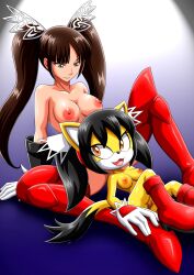 2022 2girls absurdres armor black_hair boots breasts cat female_focus fighting_vipers furry gloves hair_ornament hairband highres honey_(fighting_vipers) honey_the_cat large_areolae large_breasts long_hair looking_down looking_to_the_side lying medium_breasts multiple_girls nipples nude on_back palcomix pussy sega simple_background sitting size_difference sonic_(series) sonic_the_fighters sonic_the_hedgehog_(classic) spread_legs twintails yellow_eyes yellow_fur