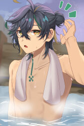 1boy absurdres black_hair blonde_hair genshin_impact green_eyes green_hair hair_between_eyes hair_bun haya_pik highres kinich_(genshin_impact) looking_at_viewer male_focus multicolored_hair neck_tattoo onsen open_mouth short_hair single_hair_bun solo streaked_hair tattoo topless_male towel towel_around_neck water
