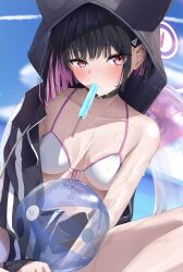 1girl animal_hood bikini black_hair blue_archive breasts cat_girl colored_inner_hair food food_in_mouth highres hood kazu_(kauk3753) kazusa_(blue_archive) looking_at_viewer medium_breasts multicolored_hair pink_eyes pink_hair popsicle popsicle_in_mouth sitting solo swimsuit two-tone_hair white_bikini