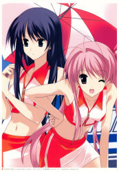 2girls absurdres antenna_hair aoi_sena armpits artist_request beach_umbrella bent_over black_eyes black_hair bow car chaos;head check_artist collarbone expressionless hair_bow hand_on_own_hip highres holding holding_umbrella imageboard_desourced leaning_forward long_hair long_sidelocks looking_to_the_side matsuo_yukihiro midriff motor_vehicle multiple_girls navel non-web_source official_art one_eye_closed one_side_up open_mouth parasol pink_bow pink_eyes pink_hair race_queen racing sakihata_rimi side_ponytail side_slit sidelocks skirt sleeveless tongue umbrella very_long_hair zipper zipper_pull_tab