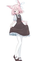 Rule 34 | 1girl, alternate costume, animal ear fluff, animal ears, blue archive, blue eyes, blush, brown dress, brown ribbon, brown shoes, dress, fox ears, fox girl, inaba reito, looking at viewer, niko (blue archive), one eye closed, open mouth, pantyhose, pink hair, ribbon, shirt, shoes, short hair, short sleeves, skirt hold, solo, white pantyhose, white shirt