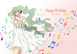 1girl bass_clef beamed_quavers cowboy_shot crotchet_rest dated dress female_focus foreshortening furyou gradient_background green_eyes green_hair hand_on_headwear happy_birthday hatsune_miku headset highres long_hair looking_at_viewer matching_hair/eyes microphone musical_note open_mouth outstretched_hand quaver quaver_rest solo standing treble_clef twintails vocaloid white_dress