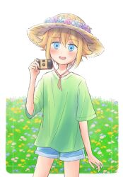 1boy alternate_costume basil_(faraway)_(omori) basil_(omori) blonde_hair blue_eyes blue_shorts blush camera denim denim_shorts flower green_shirt hat highres holding holding_camera looking_at_viewer male_focus omori open_mouth segue5o shirt shorts smile solo sun_hat t-shirt teeth upper_teeth_only