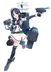 Rule 34 | 1girl, ahoge, akagi kurage, belt, black gloves, black hair, black sailor collar, black thighhighs, blue hair, detached sleeves, fingerless gloves, gloves, gradient hair, green eyes, hair ribbon, highres, holding, kantai collection, leg up, long hair, low twintails, multicolored hair, neckerchief, open mouth, original remodel (kantai collection), ribbon, rigging, sailor collar, simple background, skirt, sleeveless, solo, suzukaze (kancolle), thighhighs, twintails, white background, white skirt