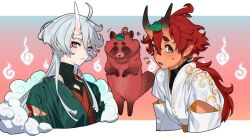 2girls ahoge animalization baesong commentary_request cropped_torso eyeliner flying_sweatdrops green_eyes grey_eyes gundam gundam_suisei_no_majo horns korean_commentary leaf leaf_on_head long_hair looking_at_viewer makeup miorine_rembran multiple_girls oni onmyouji pointy_ears ponytail red_hair simple_background suletta_mercury tanuki thick_eyebrows upper_body white_hair will-o&#039;-the-wisp_(mythology)