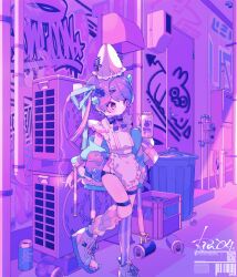 1boy absurdres animal_ears apron asymmetrical_legwear barcode black_panties blush bright_pupils can closed_mouth commentary dated_commentary ear_covers english_text full_body graffiti hair_ornament hair_ribbon hairclip highres holding holding_can jacket jacket_partially_removed leg_up leg_warmers maid_apron male_focus nearly_naked_apron original outdoors ozureiji panties purple_eyes purple_hair purple_theme qr_code rabbit_ears ribbon shoes short_hair sneakers solo striped_clothes striped_thighhighs symbol-only_commentary thigh_strap thighhighs trap trash_can tsurime underwear white_apron white_jacket white_leg_warmers white_pupils white_shoes x_hair_ornament