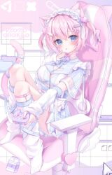 1girl animal_ear_fluff animal_ears bell blue_dress blue_eyes blush bow breasts cat_ears cat_girl cat_tail chair choker cleavage cleavage_cutout clothing_cutout detached_sleeves dress frills gaming_chair hair_ornament headdress kneehighs large_breasts looking_at_viewer momochi_chia neck_bell open_mouth original pink_choker pink_hair ribbon short_hair sitting socks solo swivel_chair tail white_dress white_socks