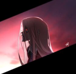 Rule 34 | 1girl, bags under eyes, bbabbamis2, heroine (homicipher), highres, homicipher, korean commentary, long hair, looking to the side, parted lips, pink background, pink hair, red eyes, solo, upper body