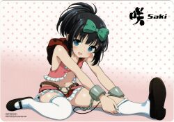 1girl asymmetrical_footwear asymmetrical_legwear belt black_hair blue_eyes blush bow brown_belt brown_shoes cropped_jacket cuffs flat_chest frilled_jacket frills green_bow hair_bow highres hip_vent hood hood_down hooded_jacket jacket kobayashi_ritz kunihiro_hajime loafers long_hair mary_janes microskirt navel no_bra no_panties non-web_source o-ring o-ring_belt official_art on_ground open_mouth pink_jacket pleated_skirt ponytail putting_on_footwear red_hood red_skirt revealing_clothes saki_(manga) shoes skirt smile solo star_(symbol) thighhighs white_thighhighs