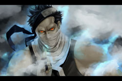 Rule 34 | 1boy, bandages, black hair, fingerless gloves, forehead protector, gloves, glowing, glowing eyes, gradient background, looking at viewer, male focus, momochi zabuza, naruto, naruto (series), orange eyes, short hair, solo, tera (no reason)