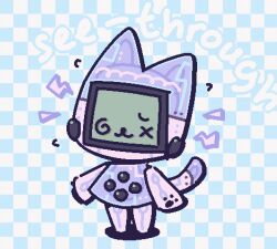 1other :3 androgynous animal_ears animal_hands cat_ears cat_tail checkered_background commentary english_text furry humanoid_robot jaltoid original other_focus robot screen solo symbol-only_commentary tail translucent