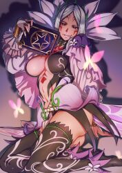 1girl aduti_momoyama ass aversa_(fire_emblem) aversa_(resplendent)_(fire_emblem) book breasts bug butterfly cleavage dark-skinned_female dark_skin facial_mark fingernails fire_emblem fire_emblem_awakening fire_emblem_heroes full_body highres holding insect jewelry large_breasts long_fingernails long_hair nail_polish nintendo official_alternate_costume parted_lips red_eyes seductive_smile smile solo thighhighs thighs white_hair
