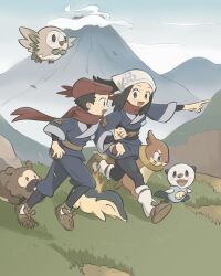 1boy 1girl absurdres akari_(pokemon) bidoof black_eyes black_hair brown_shoes buizel clenched_hand commentary_request cyndaquil galaxy_expedition_team_survey_corps_uniform gen_2_pokemon gen_4_pokemon gen_5_pokemon gen_7_pokemon hat headscarf highres hisuian_poke_ball holding holding_poke_ball kinni mountain nintendo open_mouth oshawott pointing poke_ball pokemon pokemon_(creature) pokemon_legends:_arceus red_hat red_scarf rei_(pokemon) rowlet running scarf shoes smile volcano white_headscarf