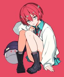 1girl absurdres amate_yuzuriha aqua_eyes aqua_shirt aqua_skirt beanie black_boots black_hat boots collared_shirt commentary_request eyebrows_hidden_by_hair full_body grey_socks gundam gundam_gquuuuuux haro hat highres long_sleeves looking_at_viewer miniskirt necktie open_mouth pikkard_(user_dvjw5784) pleated_skirt red_background red_hair school_uniform shirt short_hair simple_background sitting skirt sleeves_past_wrists socks solo striped_necktie sweater v-shaped_eyebrows white_sweater wing_collar